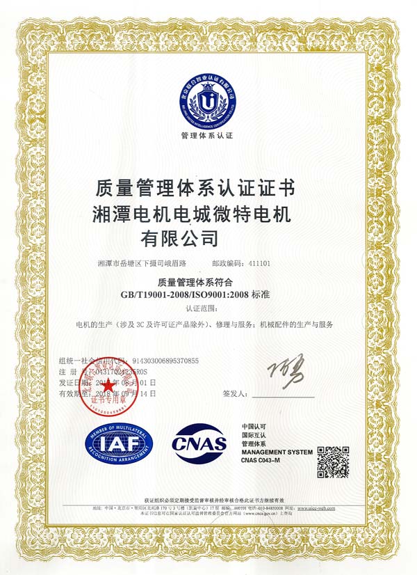 中文版質量管理體系認證證書